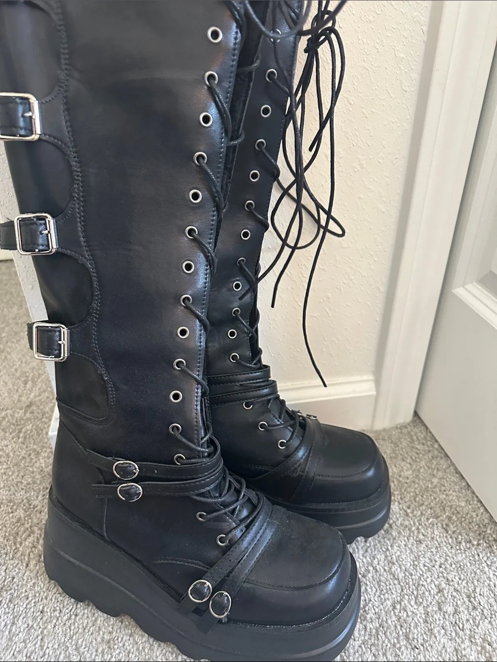 Black Over-the-Knee Lace-Up Platform Boots with Buckles